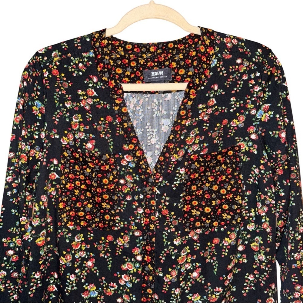 ANTHROPOLOGIE MAEVE Marlie Button Front Black Floral Print Mini Tunic Dress Sz 2 - Picture 6 of 15